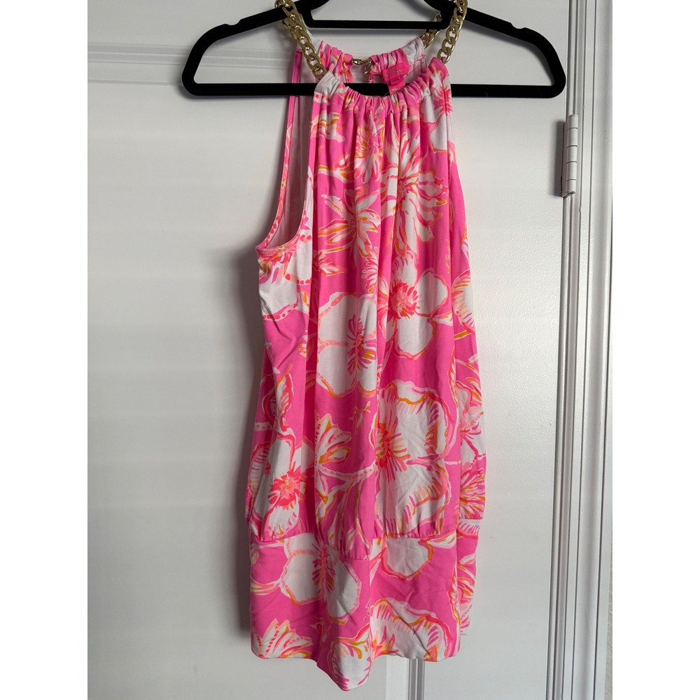 Lilly Pulitzer Pink White Floral Halter Top Gold Chain Neck Blouse Sleeveless